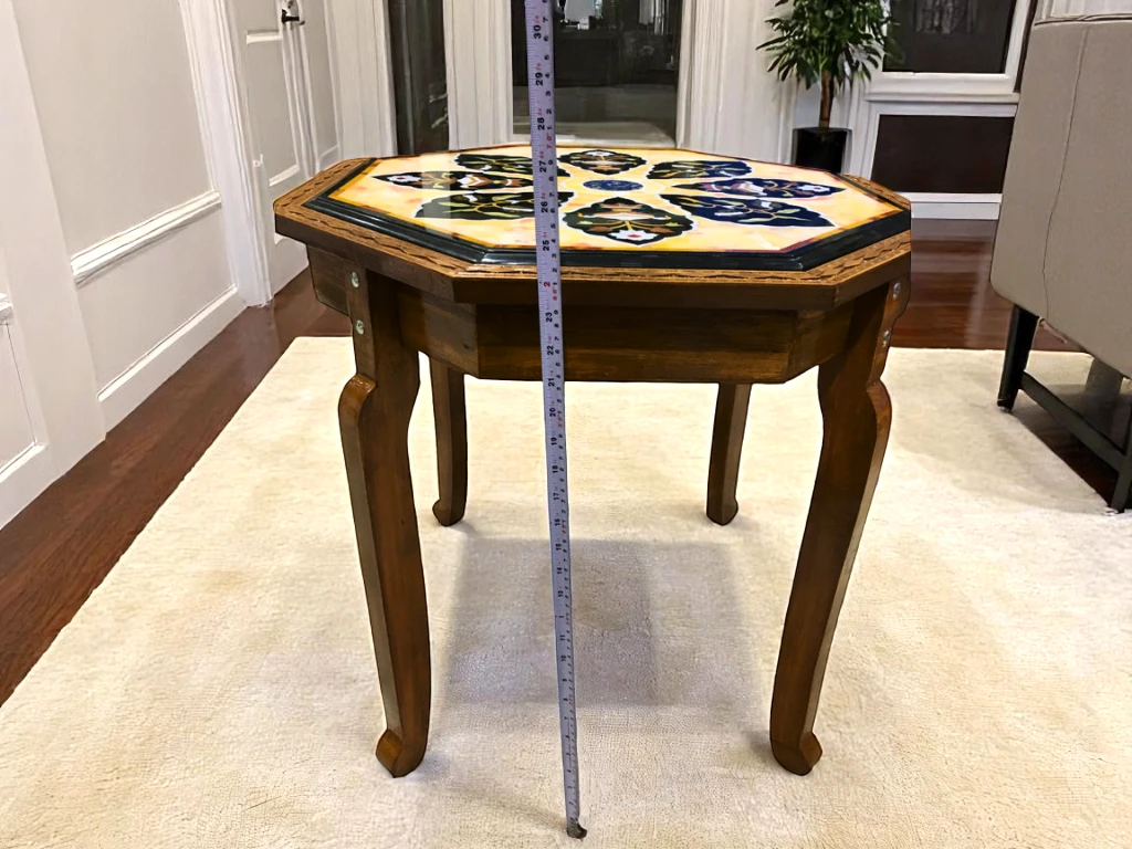 Black and Yellow Marble Side Table with Wooden Stand 